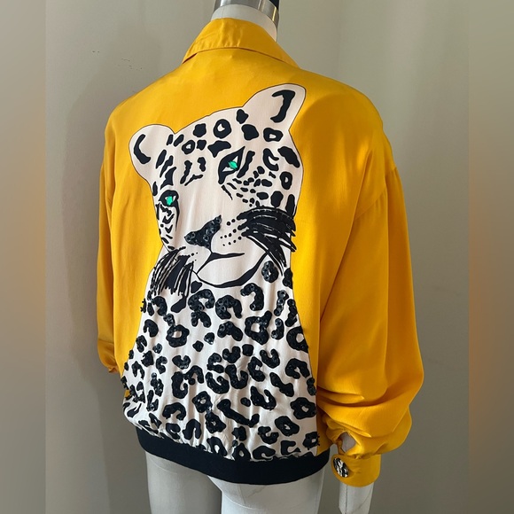Adam Douglass Adrianna Papell Yellow Silk Sequin Leopard Jacket S - Picture 1 of 9